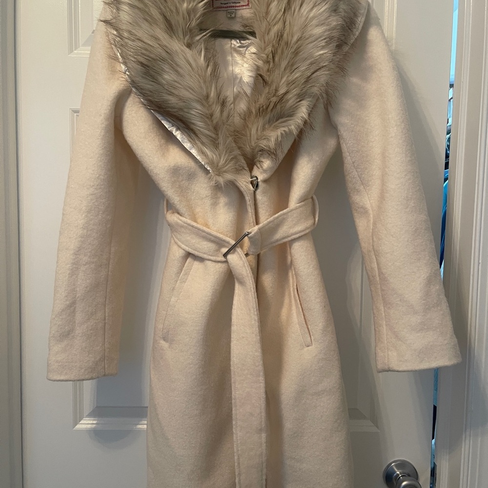 Guess Cream Coat with Faux Fur Collar